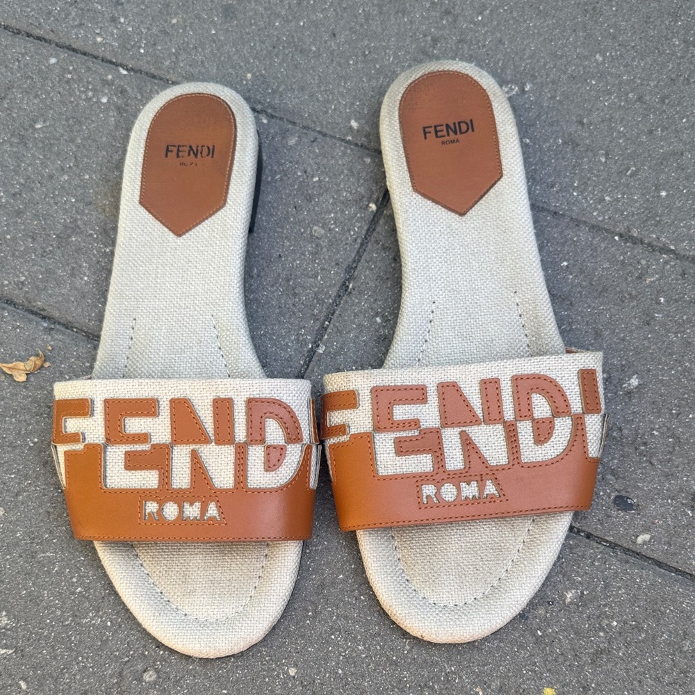Fendi Brown and Cream Logo Slides